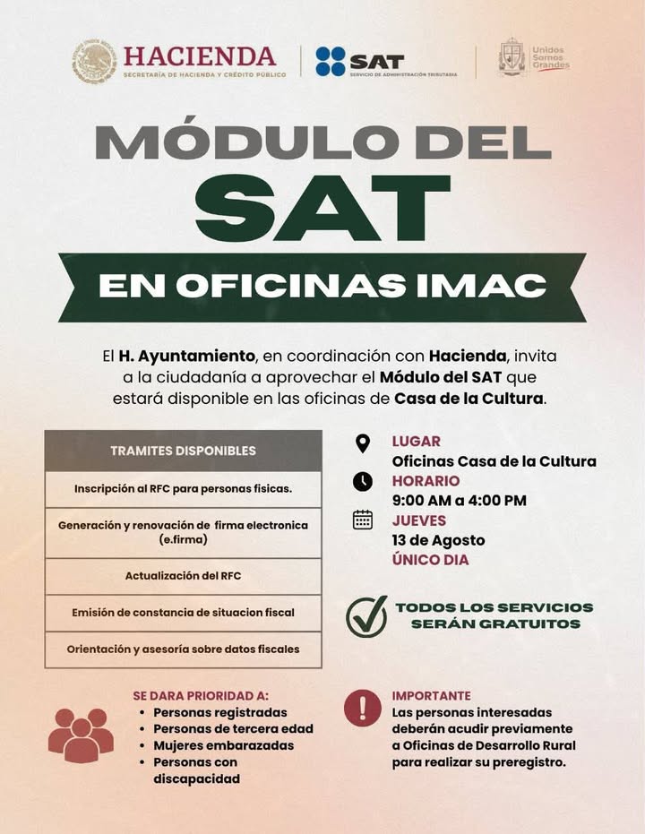 Aprovecha el módulo SAT 📊éste Jueves 13 de Agosto y haz tu PRE/REGISTRO al 📱671 109 74 26 ...