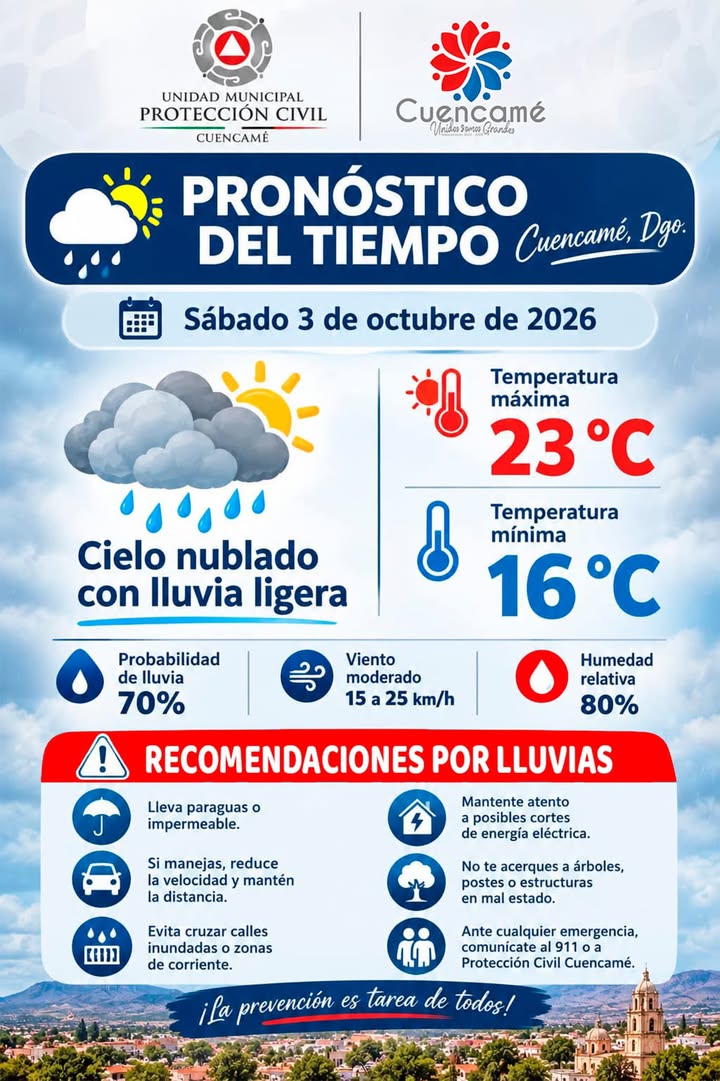 🚒🚨Ante el pronóstico del tiempo 🌧️Protección Civil Cuencamé recomienda⬇️ 📞Marca al 911 o ...